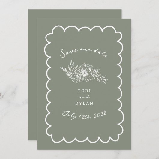 Floral Sage Green Botanical Bewaar de datum Save The Date (Voorkant / Achterkant)