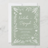 Floral Sage Green Botanical Fun All In One Wedding Kaart (Voorkant)