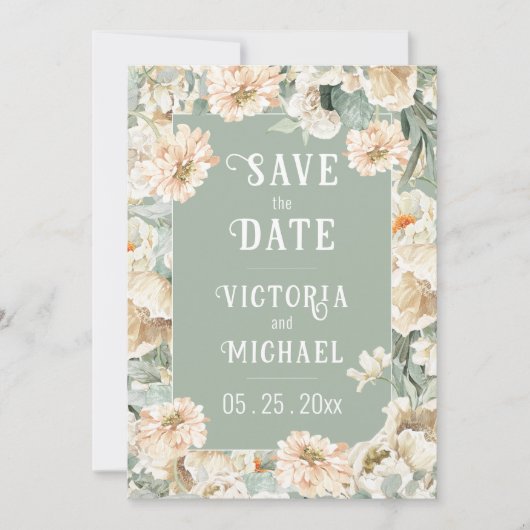 Floral Sage Green Elegant Huwelijk Save The Date (Voorkant)