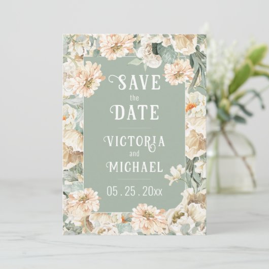Floral Sage Green Elegant Huwelijk Save The Date (Staand voorkant)