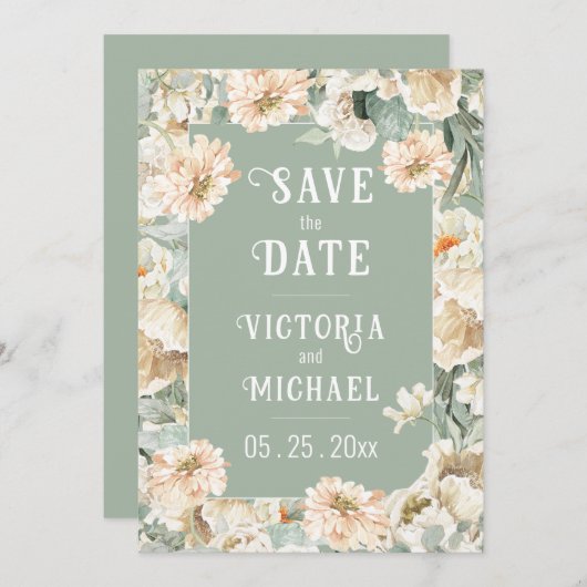 Floral Sage Green Elegant Huwelijk Save The Date (Voorkant / Achterkant)
