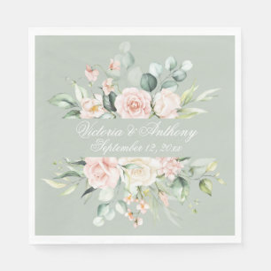 Floral Sage Green Elegant Script Name Wedding Servet