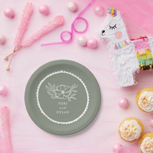 Floral Sage Green geschulpte bruiloft Papieren Bordje (Feest)