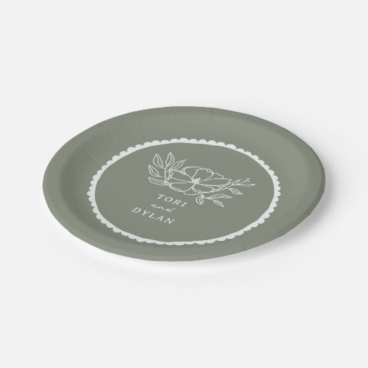 Floral Sage Green geschulpte bruiloft Papieren Bordje (Gekanteld)