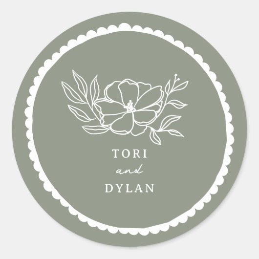 Floral Sage Green geschulpte bruiloft Ronde Sticker (Voorkant)