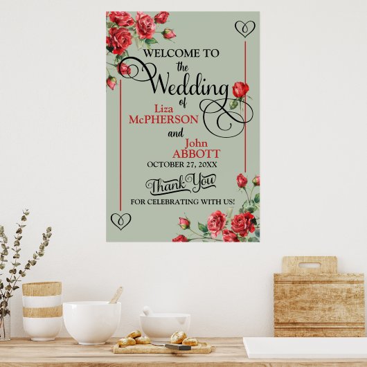  Floral Sage Green & Red Roses Wedding Poster (Keuken)