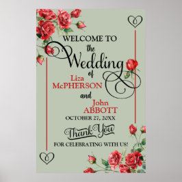  Floral Sage Green & Red Roses Wedding Poster