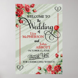  Floral Sage Green & Red Roses Wedding Poster