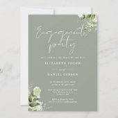 Floral Sage Green Script Photo Engagement Party Kaart (Voorkant)