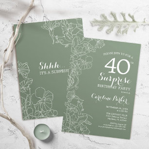 Floral Sage Green Surprise 40th Birthday Party Kaart