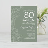 Floral Sage Green Surprise 80th Birthday Party Kaart (Staand voorkant)