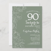 Floral Sage Green Surprise 90th Birthday Party Kaart (Voorkant)