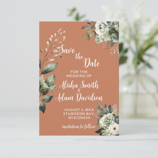 Floral Sage Green & Terracotta sparen de Datumkaar Save The Date (Staand voorkant)