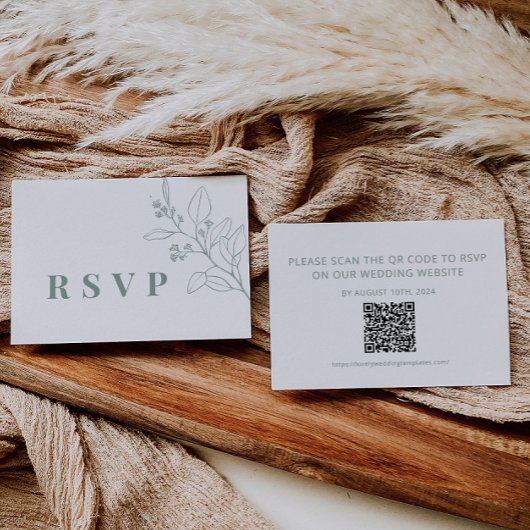 Floral Sage Green Wedding RSVP QR Code Kaart Notitiekaartje