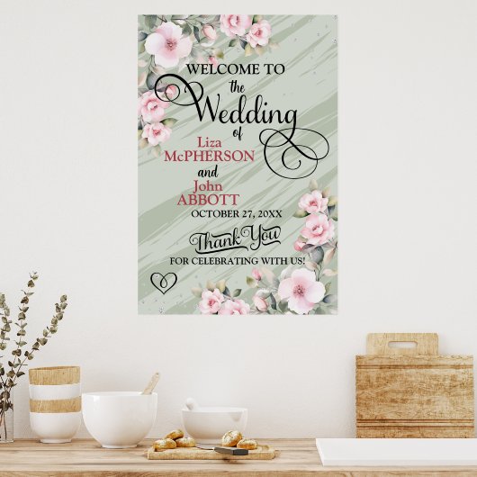 Floral Sage Green Wedding Welkom Poster (Keuken)