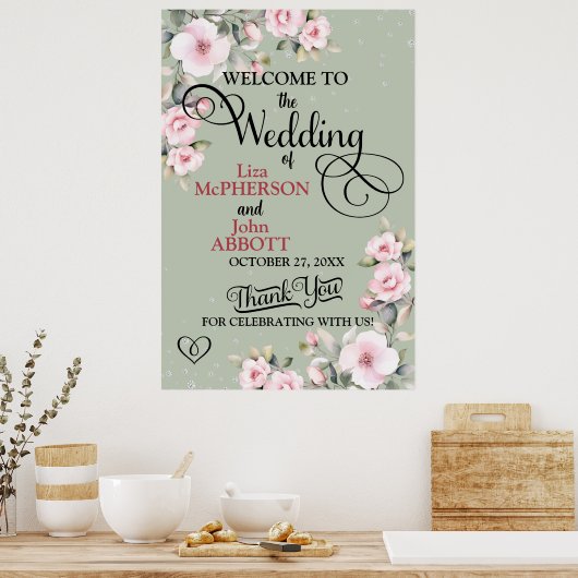  Floral Sage Green Wedding Welkom Poster (Keuken)