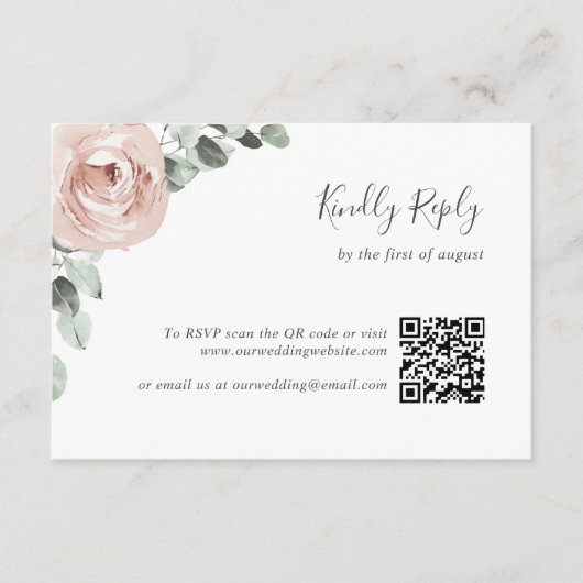 Floral Sage Greenery Dusty Roos QR Code Weddenscha RSVP Kaartje (Voorkant)