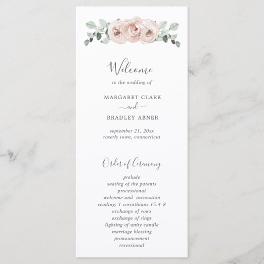 Floral Sage Greenery Dusty Roos Wedding Programmakaart (Voorkant)
