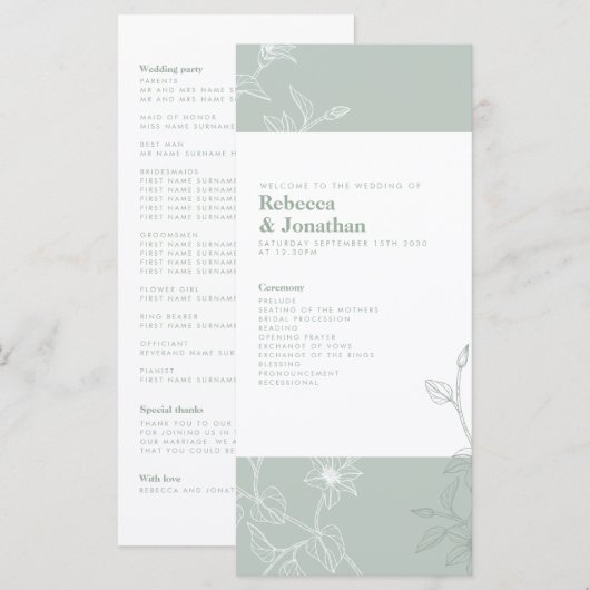 Floral Sage Groen Huwelijksprogramma (Voorkant / Achterkant)