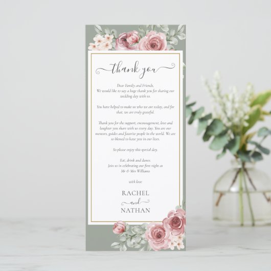 Floral Sage Groene Bruiloft Dank u Plaats Kaart (Staand voorkant)