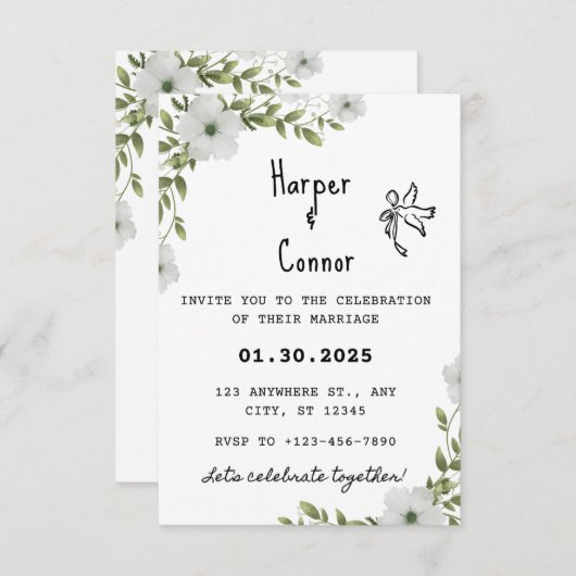 Floral Sage huwelijksuitnodiging, Botanische bruil Kaart (Voorkant / Achterkant)