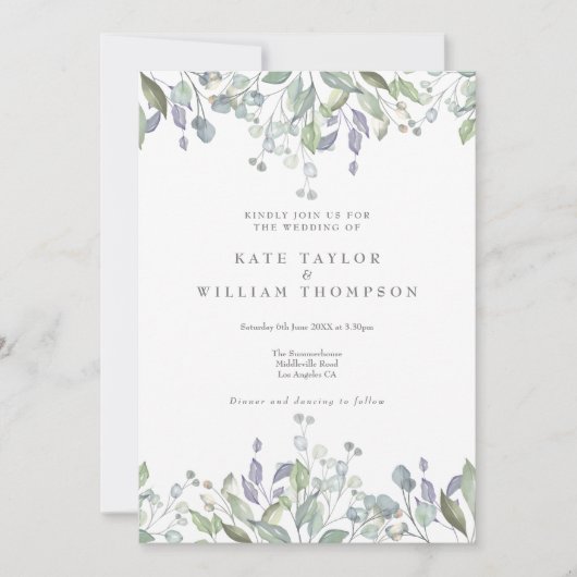 Floral Sage Lila Greenery in één bruiloft Kaart (Voorkant)