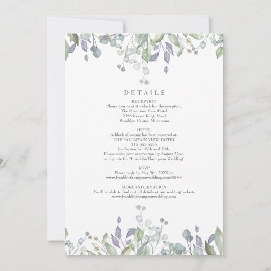 Floral Sage Lila Greenery in één bruiloft Kaart (Achterkant)