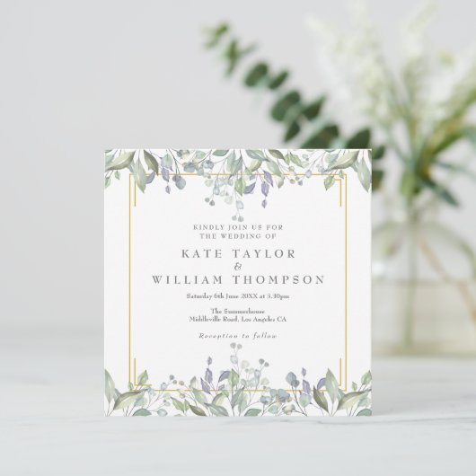 Floral Sage Lila Greenery Square Weddenschap Foto Kaart (Staand voorkant)
