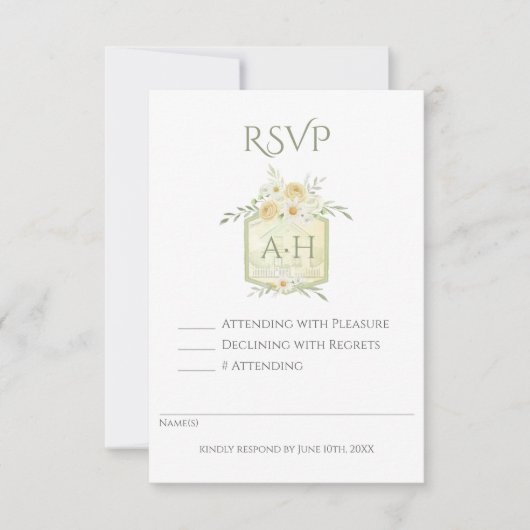 Floral Sage Watercolor Monogram Crest Wedding  RSVP Kaartje (Voorkant)