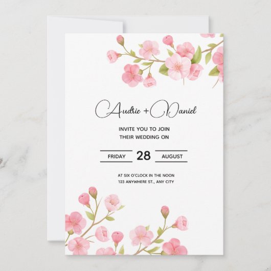 Floral Sakura Cherry bruiloft uitnodiging Kaart (Voorkant)