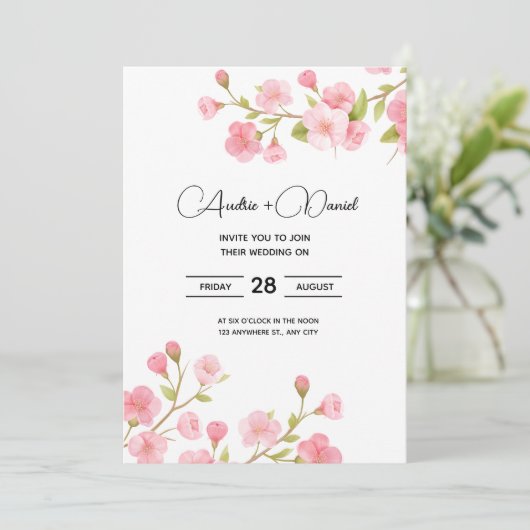 Floral Sakura Cherry bruiloft uitnodiging Kaart (Staand voorkant)