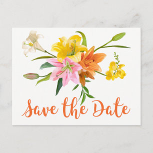 Floral Save the Date Lily Flower Sinaasappel Verlo Briefkaart