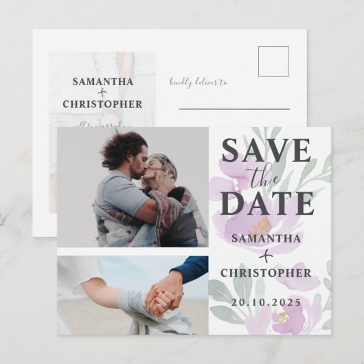 Floral Save the Date Puple & White Photo Wedding A Aankondigingskaart (Voorkant / Achterkant)