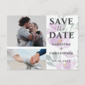 Floral Save the Date Puple & White Photo Wedding A Aankondigingskaart (Voorkant)