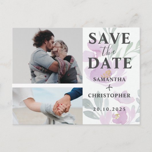 Floral Save the Date Puple & White Photo Wedding A Aankondigingskaart (Voorkant)