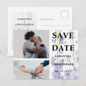 Floral Save the Date Puple & White Photo Wedding Aankondigingskaart (Voorkant / Achterkant)
