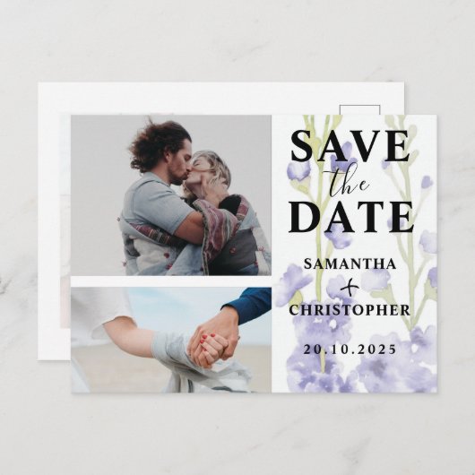 Floral Save the Date Puple & White Photo Wedding Aankondigingskaart (Voorkant / Achterkant)