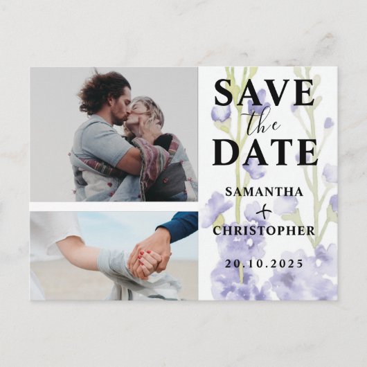 Floral Save the Date Puple & White Photo Wedding Aankondigingskaart (Voorkant)