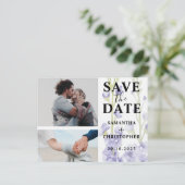 Floral Save the Date Puple & White Photo Wedding Aankondigingskaart (Staand voorkant)