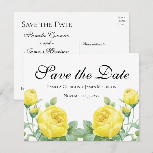 Floral Save the Date Yellow Rose Flower Verloving Briefkaart (Voorkant / Achterkant)