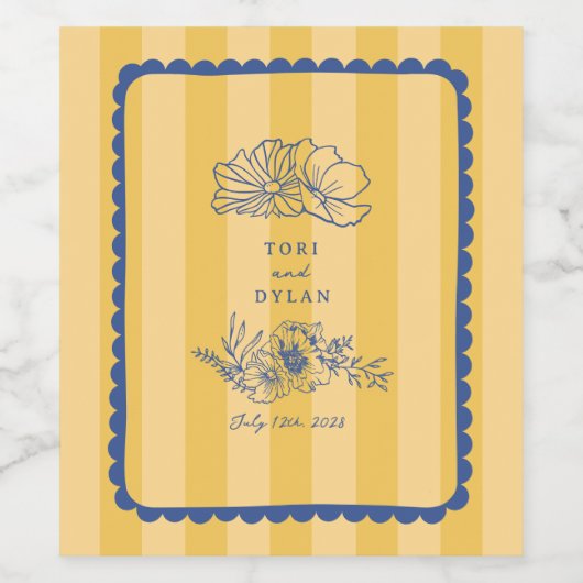 Floral Scalloped Border Geel Bruiloft Welkom Wijn Etiket (Enkel label)