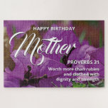 Floral Scene HAPPY BIRTHDAY MOTHER 20 x 30" Custom Legpuzzel<br><div class="desc">Stijlvolle florale 1014-delige HAPPY BIRTHDAY MOTHER JIGSAW PUZZLE, ontworpen met een prachtige scène van natuur, met paarse bougainvillea bloemen en een extract gebaseerd op Proverbs 31. De tekst is zodat u zich kunt aanpassen aan uw eigen behoeften, zoals familielid of een naam, en een persoonlijk bericht of een inspirerend citaat....</div>
