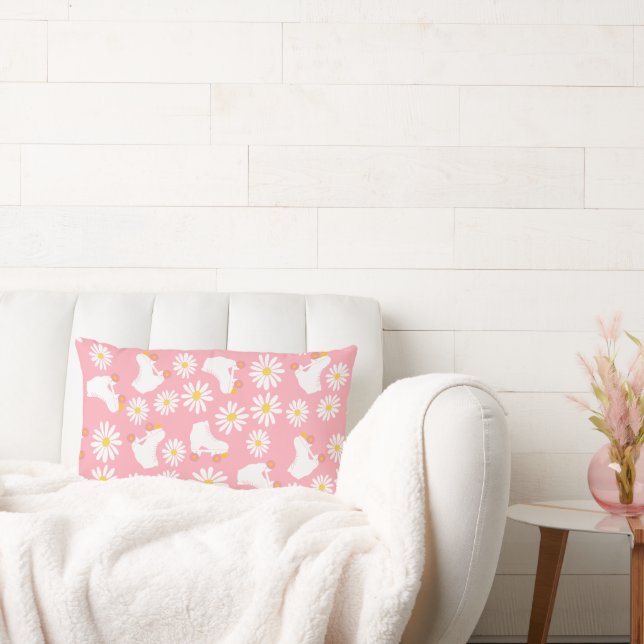 Floral Schaatsen Rollflating Pattern Birthday Roze Kussen (Bank)