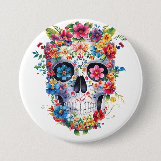 Floral schedel ontwerp ronde button 7,6 cm (Voorkant)