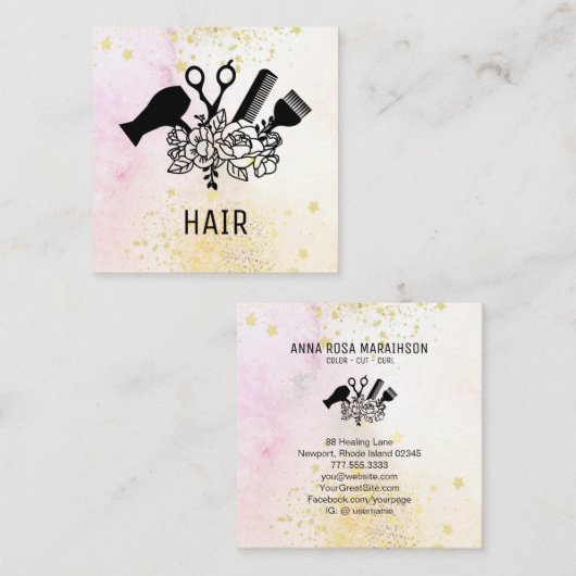 *~* Floral Scissor Flower Glitter Ombre Pastel AP6 Vierkante Visitekaartje (Voorkant / Achterkant)