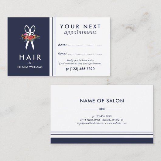 Floral Scissor Navy Blue Hair Stylist Benoeming Afsprakenkaartje (Voorkant / Achterkant)