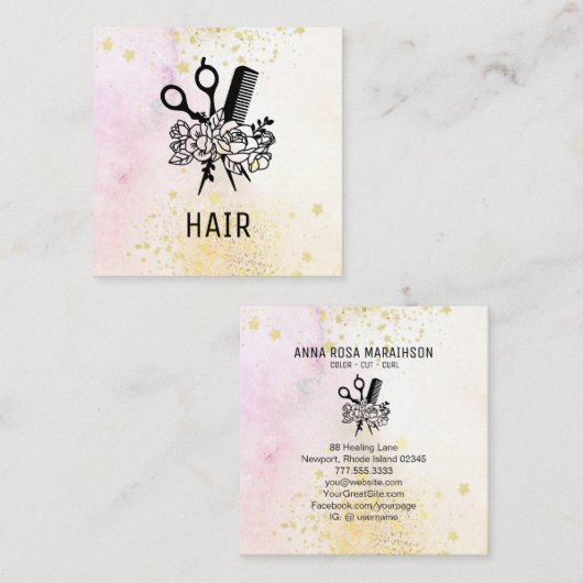 *~* Floral Scissors Comb Flower Ombre Pastel AP6 Vierkante Visitekaartje (Voorkant / Achterkant)