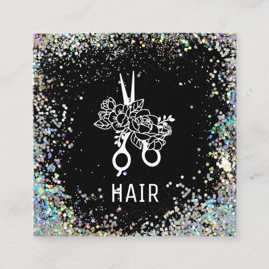 *~* Floral Scissors Flowers Rainbow Glitter AP6 Vierkante Visitekaartje (Voorkant)