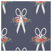 Floral Scissors Navy Blue Pattern Stof (Close Up)