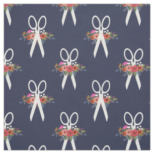 Floral Scissors Navy Blue Pattern Stof